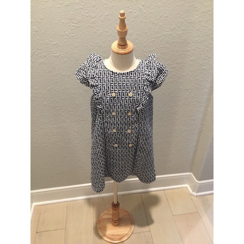 Janie and Jack Girls Navy White Tweed Ruffle Sleeve Double Breasted Dress 7 NWT